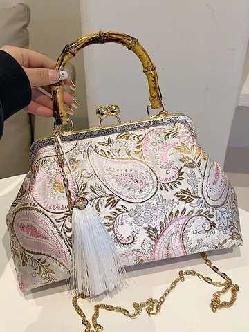 Borsa a Mano in Raso Jacquard Nuovo Stile Cinese Con Manico in Bambù Vintage Paisley Ricamato Chiusura a Scatto Elegante Borsa a Tracolla Festa Con Nappina Catena Donna
