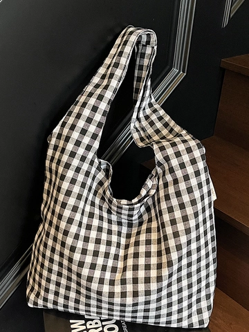 Vintage Karierte Canvas Tote Bag Für Damen Große Kapazität Japanische Gingham Schultertasche Retro Pendler Handtasche Studenten Buch Tasche
