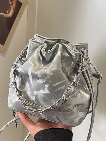 Moderna Borsa a Secchiello in Pelle PU Monogramma Geometrico Borsa a Tracolla Con Catena d'Argento Coulisse Donna