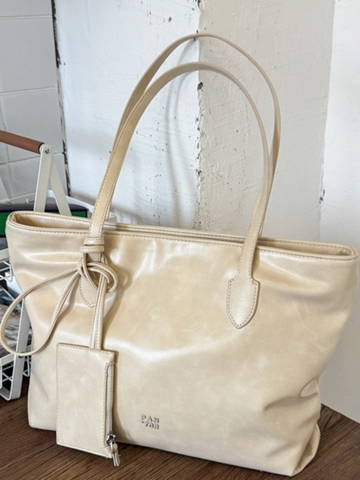 Women Large Capacity PU Leather Tote Bag With Matching Small Pouch Casual Simple Solid Color Shoulder Bag Commuting Handbag