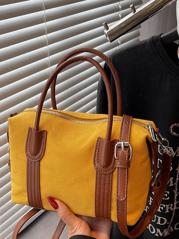 Retro Contrast Color Canvas Boston Bag For Women Fashion Synthetic Leather Patchwork Shoulder Bag Casual Crossbody Handbag
