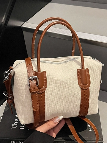Retro Contrast Color Canvas Boston Bag For Women Fashion Synthetic Leather Patchwork Shoulder Bag Casual Crossbody Handbag