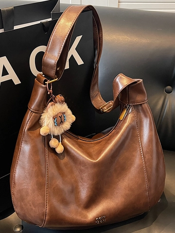Damen Große Kapazität PU Leder Tote Bag Mode Nähte Hobo Umhängetasche Pendler Tasche Mit Plüsch Anhänger Handtasche