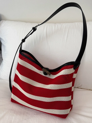 Große Kapazität Gewebte Gestreifte Tragetasche Für Damen Casual Mesh Strick Schultertasche Mit Verstellbarem Riemen Und Holz Knebelknopf
