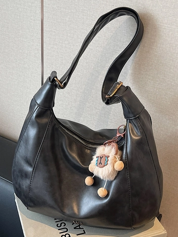 Damen Große Kapazität PU Leder Tote Bag Mode Nähte Hobo Umhängetasche Pendler Tasche Mit Plüsch Anhänger Handtasche