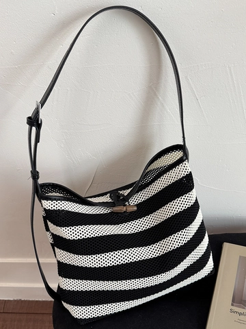 Große Kapazität Gewebte Gestreifte Tragetasche Für Damen Casual Mesh Strick Schultertasche Mit Verstellbarem Riemen Und Holz Knebelknopf
