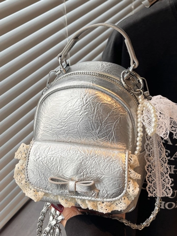 Zoete Koreaanse Mini PU Leren Rugzak Voor Dames Kant Strik Hart Kunstparel Hanger College Stijl Kleine Handtas Rugzak
