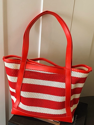 Striped Woven Tote Bag Large Capacity Women Shoulder Bag PU Leather Summer Commute Vacation Handbag Solid Color Mesh Bag