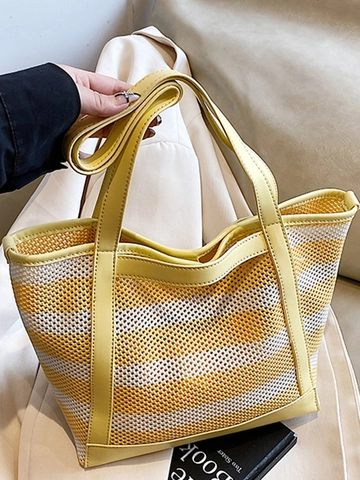 Striped Woven Tote Bag Large Capacity Women Shoulder Bag PU Leather Summer Commute Vacation Handbag Solid Color Mesh Bag