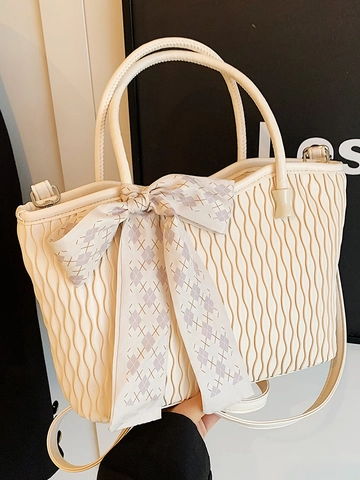 Women Fashion Pleated Tote Bag PU Leather Wave Texture Shoulder Bag With Satin Scarf Decor Urban Minimalist Handbag