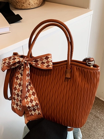 Women Fashion Pleated Tote Bag PU Leather Wave Texture Shoulder Bag With Satin Scarf Decor Urban Minimalist Handbag
