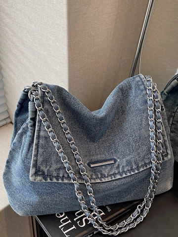 Damen Koreanischer Stil Große Kapazität Denim Tote Tasche Mit Kette Schultergurt Lässig Gewaschene Denim Schultertasche