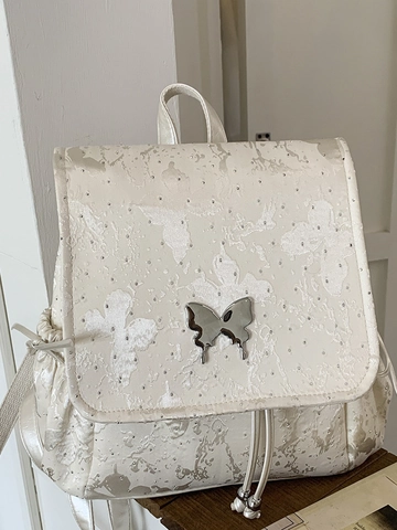 Mochila de Cuero PU para Mujer Mariposa Rhinestone Jacquard Cierre de Mariposa de Metal Bolsa de Viaje Escolar Blanco Crema