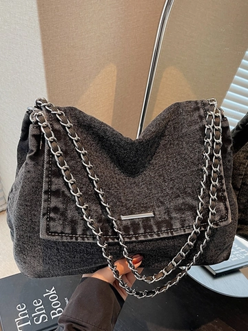 Damen Koreanischer Stil Große Kapazität Denim Tote Tasche Mit Kette Schultergurt Lässig Gewaschene Denim Schultertasche