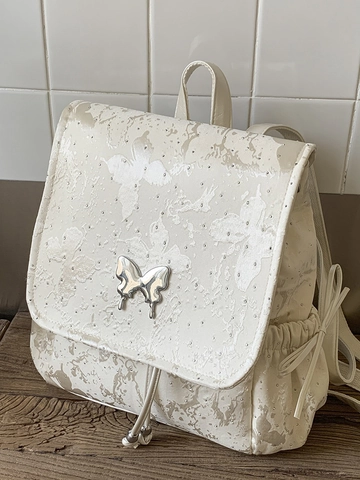 Mochila de Cuero PU para Mujer Mariposa Rhinestone Jacquard Cierre de Mariposa de Metal Bolsa de Viaje Escolar Blanco Crema