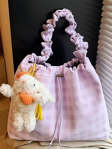 Damen Casual Karo Umhängetasche Große Kapazität PU Leder Kordelzug Eimer Tasche Mit Plüsch Anhänger Für Studenten