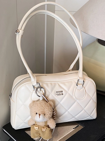 Bolso de Hombro Acolchado para Mujer Cuero PU Bolso Bowling Con Colgante de Oso Pespunte Bolso de Axila Color Sólido Urban Tote