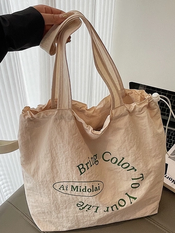 Women Large Capacity Canvas Tote Bag Casual Drawstring Shoulder Bag With Letter Print Urban Simple Handbag For Daily Use
