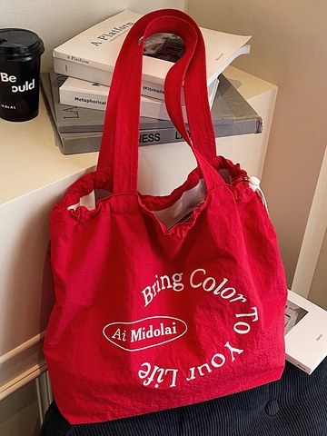 Women Large Capacity Canvas Tote Bag Casual Drawstring Shoulder Bag With Letter Print Urban Simple Handbag For Daily Use