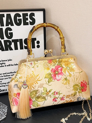 Vintage Chinesischer Stil Satin Brokat Blumenmuster Handtasche Für Damen Bambusgriff Kiss Lock Schulter Umhängetasche Abendtasche
