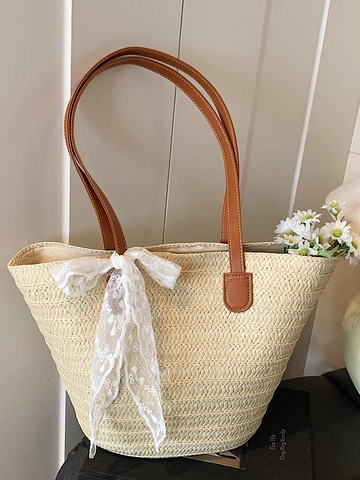 Sommer Große Kapazität Gewebte Stroh Tragetasche Für Damen Strand Urlaub Schultertasche Mit Elegante Spitze Schleife