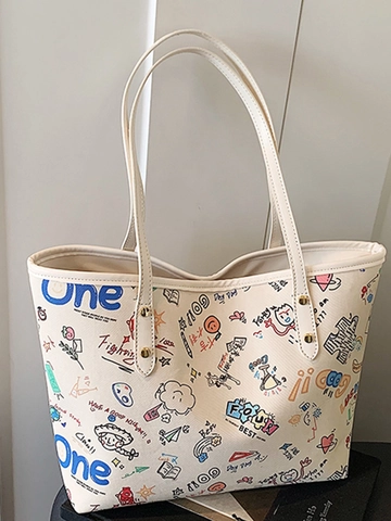 Damen Künstlerisches Graffiti Druck Tote Tasche Große Kapazität PU Leder Umhängetasche Für Pendeln Casual Mode Streetwear Handtasche