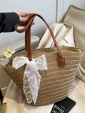 Sommer Große Kapazität Gewebte Stroh Tragetasche Für Damen Strand Urlaub Schultertasche Mit Elegante Spitze Schleife