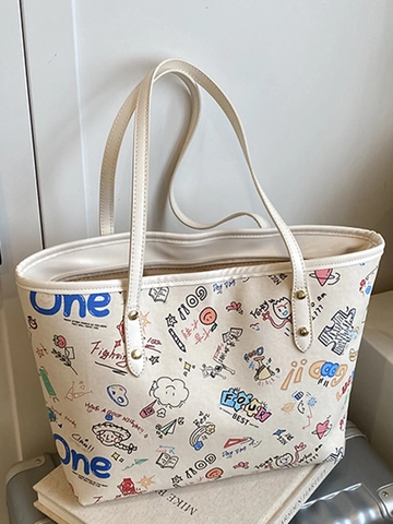 Damen Künstlerisches Graffiti Druck Tote Tasche Große Kapazität PU Leder Umhängetasche Für Pendeln Casual Mode Streetwear Handtasche