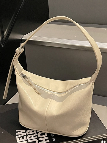 French Niche PU Leather Shoulder Underarm Bag Minimalist Fashion Solid Color Commute Handbag For Women Daily Zipper Hobo Bag