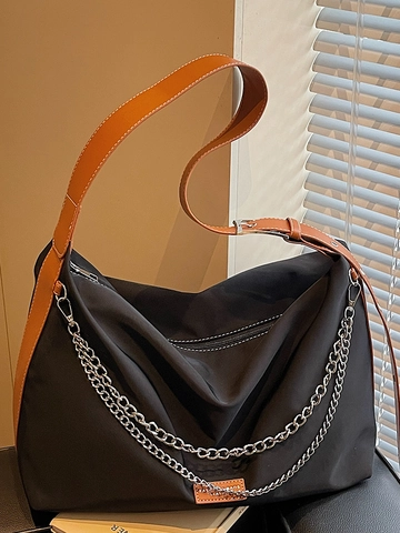 Large Capacity Nylon Tote Bag For Women Casual Shoulder Crossbody Bag With Metal Chain Urban Minimalist Commuter Handbag