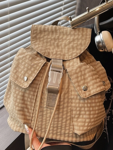 Women's Casual Gingham Backpack Large Capacity Drawstring School Bag With Buckle Flap Grid Pattern Travel Rucksack