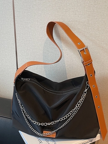 Large Capacity Nylon Tote Bag For Women Casual Shoulder Crossbody Bag With Metal Chain Urban Minimalist Commuter Handbag