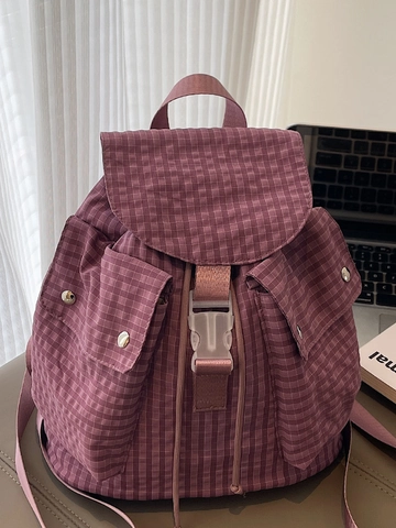 Women's Casual Gingham Backpack Large Capacity Drawstring School Bag With Buckle Flap Grid Pattern Travel Rucksack