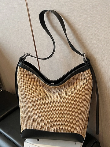 Borsa a Spalla Intrecciata in Paglia da Donna Grande Capacità Patchwork Pelle PU Borsa a Secchiello Casual Minimalista Spiaggia Vacanza