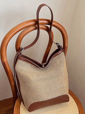 Borsa a Spalla Intrecciata in Paglia da Donna Grande Capacità Patchwork Pelle PU Borsa a Secchiello Casual Minimalista Spiaggia Vacanza