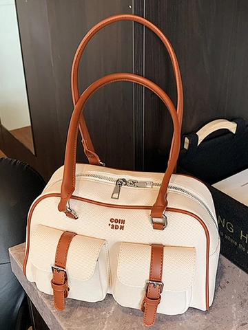 Bolso de Hombro de PU para Mujer Gran Capacidad Moda Bolso de Axila Boston con Colgante Elegante Bolso de Mano Retro Color de Contraste