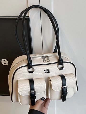 Bolso de Hombro de PU para Mujer Gran Capacidad Moda Bolso de Axila Boston con Colgante Elegante Bolso de Mano Retro Color de Contraste