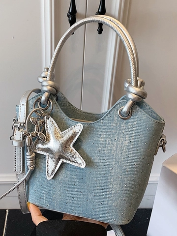 Mode Damen PU Eimertasche Mit Denim Textur Strass Metall Stern Anhänger Schulter Umhängetasche Sommer Casual Tote