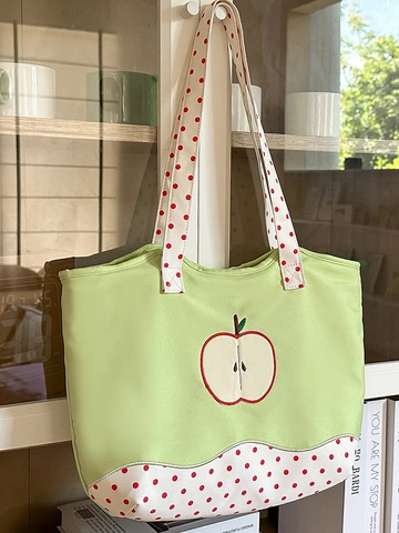 Cute Polka Dot Apple Pattern Nylon Tote Bag For Women Sweet Fresh Style Large Capacity Shoulder Bag With Plush Pendant