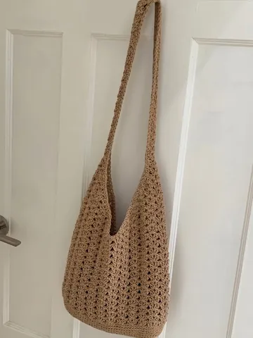 Women Woven Cotton Crochet Shoulder Bag Large Capacity Hollow Out Tote Bag Vacation Beach Handbag Boho Style Underarm Bag