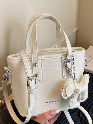 Women Trendy Wrinkled PU Leather Bucket Bag With Puppy Charm Urban Simple Solid Color Shoulder Crossbody Tote Handbag