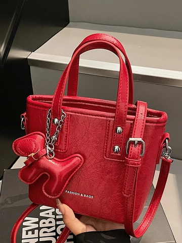 Women Trendy Wrinkled PU Leather Bucket Bag With Puppy Charm Urban Simple Solid Color Shoulder Crossbody Tote Handbag