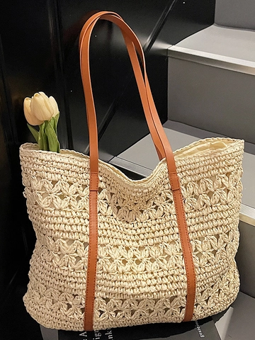 Large Capacity Hollow Woven Straw Tote Bag For Women Summer Beach Vacation Casual Shoulder Bag With PU Leather Handle