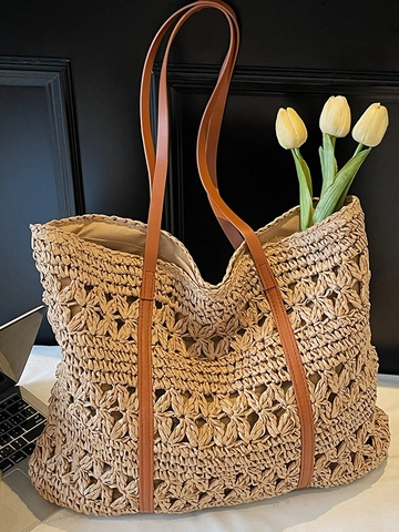Large Capacity Hollow Woven Straw Tote Bag For Women Summer Beach Vacation Casual Shoulder Bag With PU Leather Handle