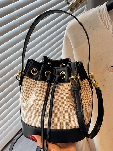 Bolso Cubo de Lona con Empalme de Color en Contraste Retro para Mujer Moda de Cuero Sintético con Cordón Bolso de Hombro Urbano Diario