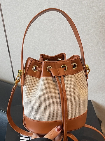 Bolso Cubo de Lona con Empalme de Color en Contraste Retro para Mujer Moda de Cuero Sintético con Cordón Bolso de Hombro Urbano Diario