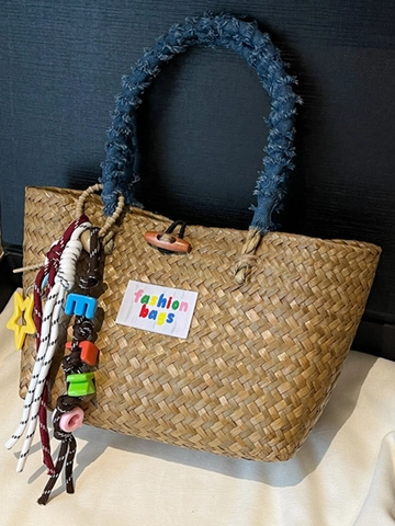 Women Handmade Straw Woven Bag Bohemian Beach Handbag Denim Handle Basket Bag With Colorful Charms Summer Fashion