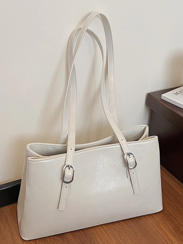 Dames Grote Capaciteit Glanzend PU Leer Tote Bag Woon-werkverkeer Retro Schoudertas Verstelbare Zilveren Gesp Minimalistische Handtas