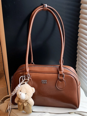 Women Minimalist PU Leather Underarm Bag Fashion Commuter Boston Shoulder Bag With Plush Bear Charm Solid Color Handbag