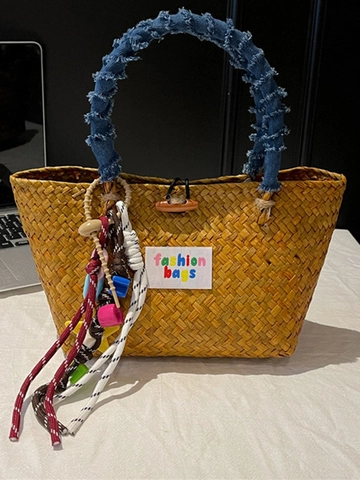 Women Handmade Straw Woven Bag Bohemian Beach Handbag Denim Handle Basket Bag With Colorful Charms Summer Fashion